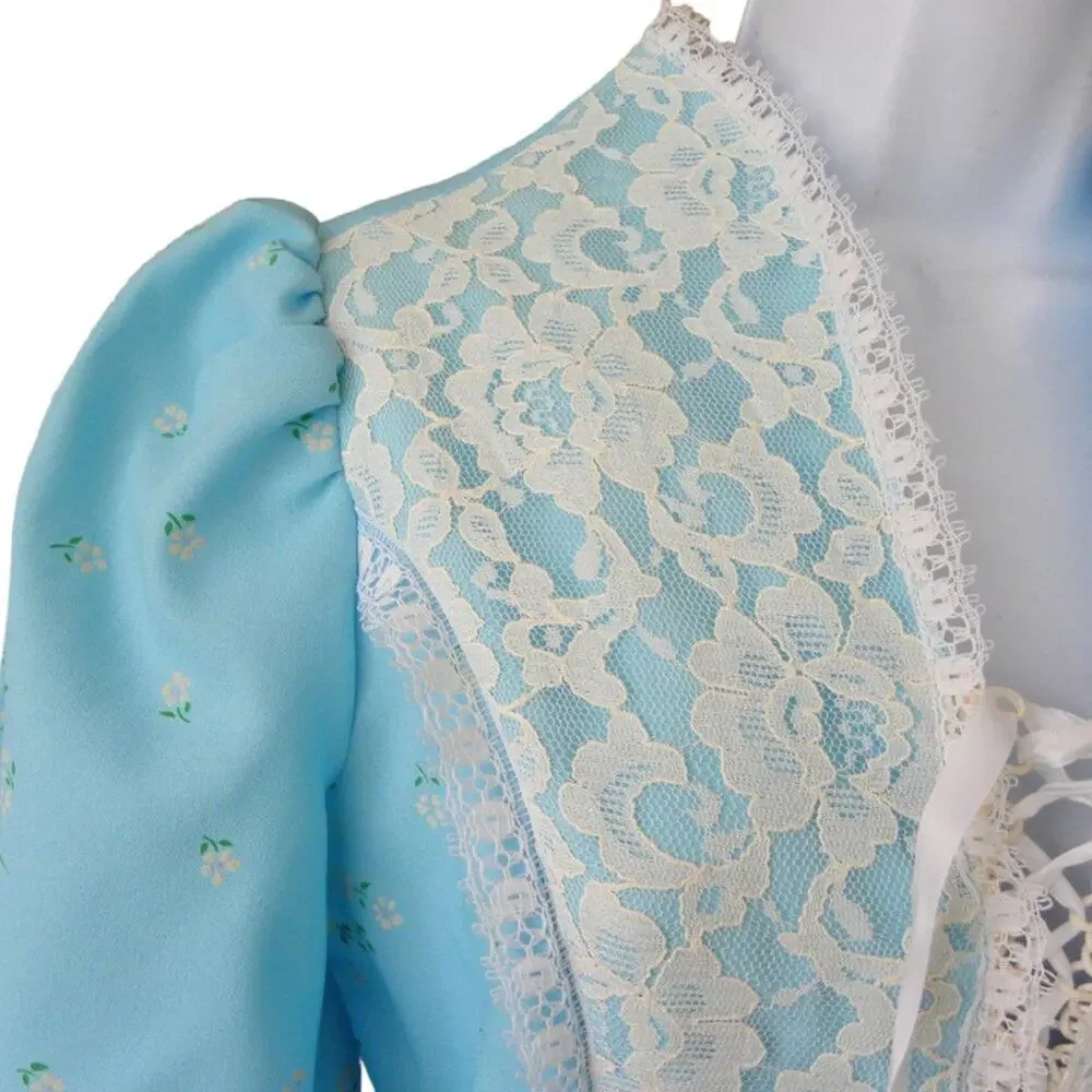 Vintage 70s Blue Prairie Maxi Dress Gunne Sax Style XS Lace Up Cottagecore Boho - Picture 4 of 11